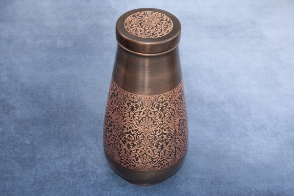Janak Copper Tulip Water Pot (S) - Antique Carving - Image 2