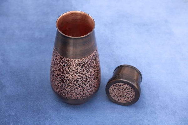 Janak Copper Tulip Water Pot (S) - Antique Carving - Image 8