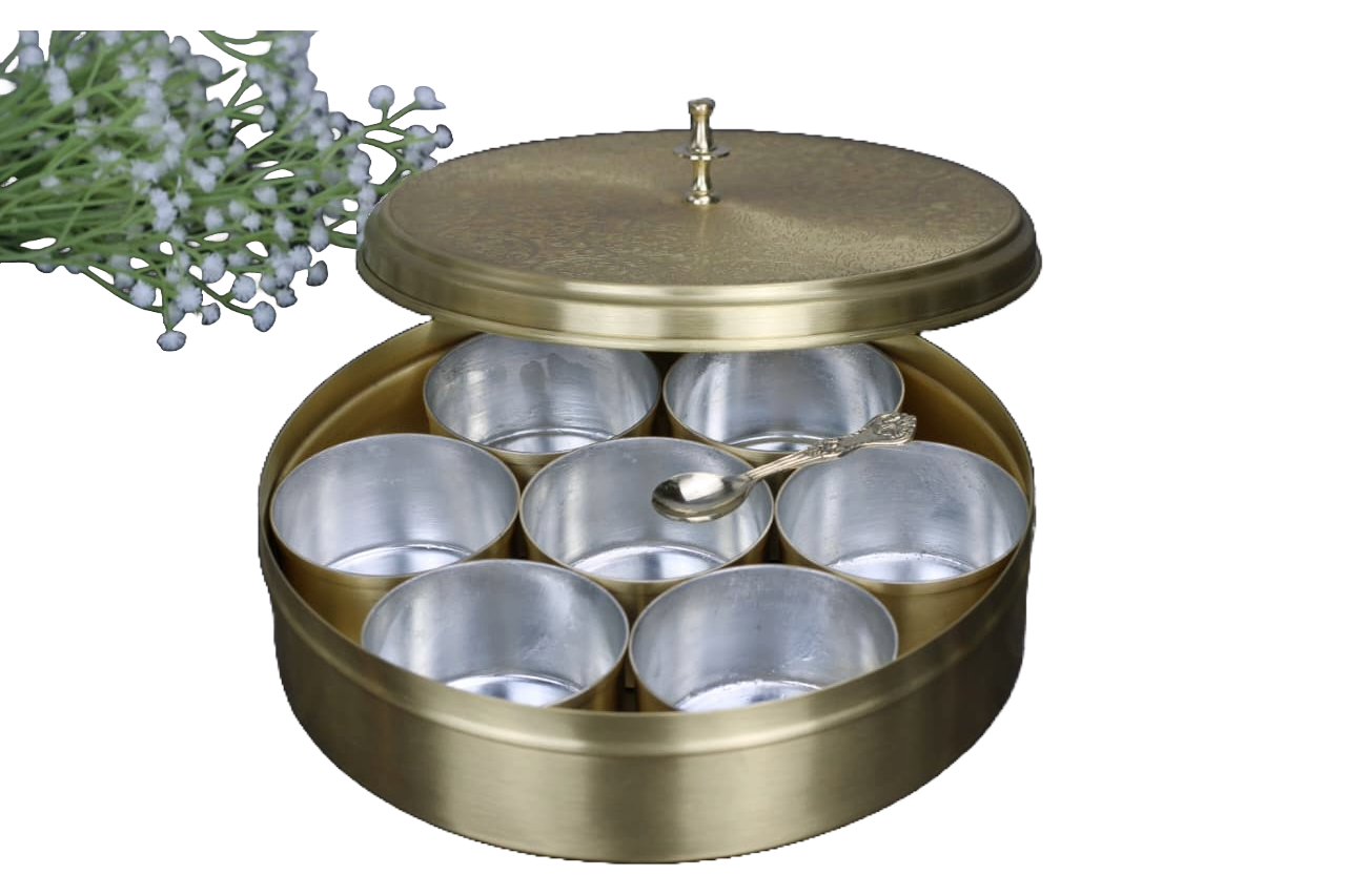 Brass Masala Dani (Spice Box) with 7 Bowls and Tin Coating – Traditional Indian Kitchenware