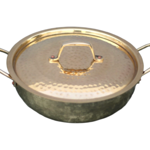 Hammered Brass Kadai with Tin Coating, Lid & Handles – Traditional Brass Cooking Wok (3L / 4L / 5L)