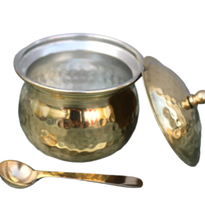Traditional Brass Ghee Pot with Tin (Sn) Coating & Spoon – 250 ml Hammered Brass Oil & Ghee Storage Container